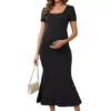 Women's Maternity Mermaid Square Neck Bodycon Dress Fitted Ribbed Midi Pregnancy Dresses
