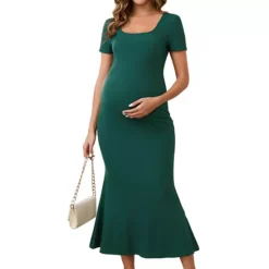 Women's Maternity Mermaid Square Neck Bodycon Dress Fitted Ribbed Midi Pregnancy Dresses -Fashion Clothing Store 7707291 Green