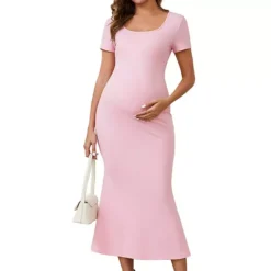 Women's Maternity Mermaid Square Neck Bodycon Dress Fitted Ribbed Midi Pregnancy Dresses -Fashion Clothing Store 7707291 Pink