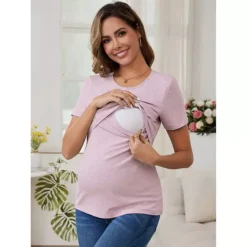 Women's Ribbed Knit Short Sleeve Nursing Shirts Crossover Maternity Breastfeeding Top -Fashion Clothing Store 7709278 ALT2