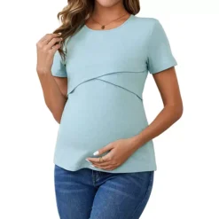 Women's Ribbed Knit Short Sleeve Nursing Shirts Crossover Maternity Breastfeeding Top -Fashion Clothing Store 7709278 Blue