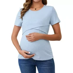 Women's Ribbed Knit Short Sleeve Nursing Shirts Crossover Maternity Breastfeeding Top