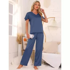 Women's Silky Satin 2Pcs Pjs Ruffle Short Sleeve Top And Long Pants Sleepwear Loungewear Pajamas Set -Fashion Clothing Store 7709394 ALT2