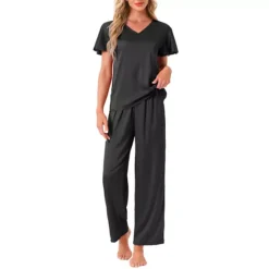 Women's Silky Satin 2Pcs Pjs Ruffle Short Sleeve Top And Long Pants Sleepwear Loungewear Pajamas Set -Fashion Clothing Store 7709394 Black