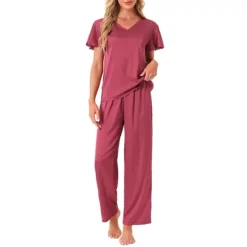 Women's Silky Satin 2Pcs Pjs Ruffle Short Sleeve Top And Long Pants Sleepwear Loungewear Pajamas Set -Fashion Clothing Store 7709394 Red 1