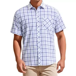 Men's Plaid Shirts Short Sleeved Button Down Classic Business Checked Dress Shirt -Fashion Clothing Store 7710521 Blue White