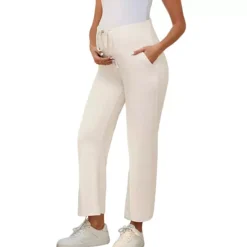 Women Maternity Lounge Pants Over Belly Wide Leg Casual High Waisted Lounge Pants With Pockets -Fashion Clothing Store 7714430 Beige 1