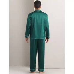 Men's Homewear Button Down Long Sleeve Shirt And Bottom Satin Pajamas 2 Sets -Fashion Clothing Store 7714571 ALT2