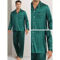 Men's Homewear Button Down Long Sleeve Shirt And Bottom Satin Pajamas 2 Sets -Fashion Clothing Store 7714571 ALT3