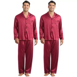 Men's Homewear Button Down Long Sleeve Shirt And Bottom Satin Pajamas 2 Sets -Fashion Clothing Store 7714571 Burgundy