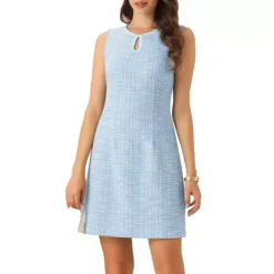Women's Elegant Tweed Dress Keyhole A-Line Sleeveless Casual Work Dresses