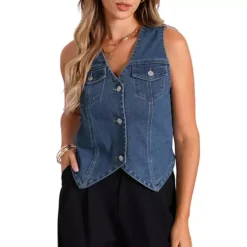 Women's Denim Jacket Sleeveless V Neck Button Down Casual Jean With Pockets Top