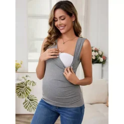 Women's 2Pcs Crossover V Neck Ruched Sleeveless Basic Maternity Shirt Breastfeeding Tank Nursing Top -Fashion Clothing Store 7719180 ALT2