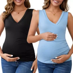 Women's 2Pcs Crossover V Neck Ruched Sleeveless Basic Maternity Shirt Breastfeeding Tank Nursing Top -Fashion Clothing Store 7719180 Black Blue