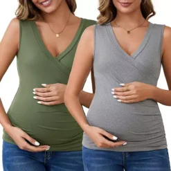 Women's 2Pcs Crossover V Neck Ruched Sleeveless Basic Maternity Shirt Breastfeeding Tank Nursing Top -Fashion Clothing Store 7719180 Gray Green 1