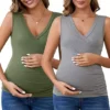 Women's 2Pcs Crossover V Neck Ruched Sleeveless Basic Maternity Shirt Breastfeeding Tank Nursing Top