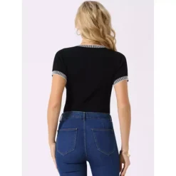 Women's Short Sleeve Bodysuit Square Neck Slim Fit Dressy Sweater Romper Ribbed Knit Jumpsuit -Fashion Clothing Store 7719204 ALT2