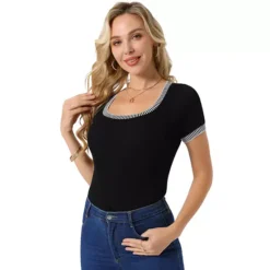 Women's Short Sleeve Bodysuit Square Neck Slim Fit Dressy Sweater Romper Ribbed Knit Jumpsuit -Fashion Clothing Store 7719204 Black 1