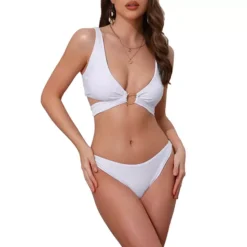 Women's Wide Strap O Ring Cut Out V Neck Bikini Set, 2Pc Tie Back Top Triangle Bottom Swimwear Suits
