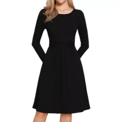 Ribbed Knitted Dress For Women's Long Sleeve Crew Neck High Waist A-Line Casual Dresses