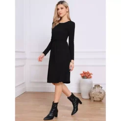 Ribbed Knitted Dress For Women's Long Sleeve Crew Neck High Waist A-Line Casual Dresses -Fashion Clothing Store 7739550 ALT2