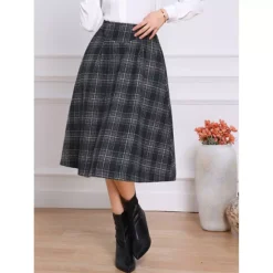 Plaid Skirts For Women's Vintage High Waist Midi A-Line Pleated Skirt With Pockets -Fashion Clothing Store 7739554 ALT2