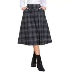 Plaid Skirts For Women's Vintage High Waist Midi A-Line Pleated Skirt With Pockets -Fashion Clothing Store 7739554 Dark Blue 1