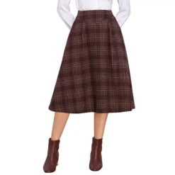 Plaid Skirts For Women's Vintage High Waist Midi A-Line Pleated Skirt With Pockets -Fashion Clothing Store 7739554 Dark Pink