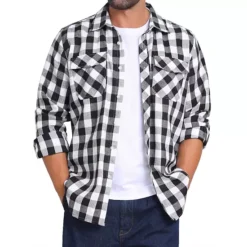Men's Contrasting Colors Checked Slim Fit Long Sleeved Button Down Shirts With Pocket -Fashion Clothing Store 7741953 Black White