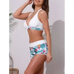 Women's Leaf Print Color Block Bikini Sets, 2 Pcs Halter Top Boyshorts Bottom Swimwear Bathing Suits -Fashion Clothing Store 7741958 ALT2
