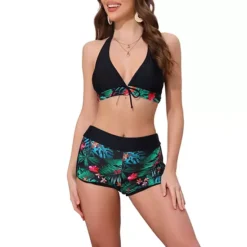 Women's Leaf Print Color Block Bikini Sets, 2 Pcs Halter Top Boyshorts Bottom Swimwear Bathing Suits -Fashion Clothing Store 7741958 Black