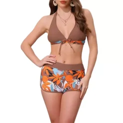 Women's Leaf Print Color Block Bikini Sets, 2 Pcs Halter Top Boyshorts Bottom Swimwear Bathing Suits
