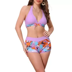 Women's Leaf Print Color Block Bikini Sets, 2 Pcs Halter Top Boyshorts Bottom Swimwear Bathing Suits -Fashion Clothing Store 7741958 Light Purple