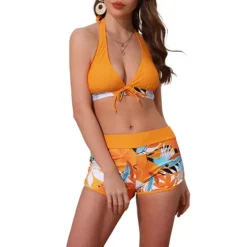 Women's Leaf Print Color Block Bikini Sets, 2 Pcs Halter Top Boyshorts Bottom Swimwear Bathing Suits -Fashion Clothing Store 7741958 Orange