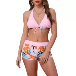 Women's Leaf Print Color Block Bikini Sets, 2 Pcs Halter Top Boyshorts Bottom Swimwear Bathing Suits -Fashion Clothing Store 7741958 Pink