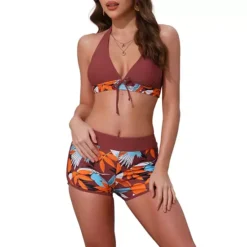 Women's Leaf Print Color Block Bikini Sets, 2 Pcs Halter Top Boyshorts Bottom Swimwear Bathing Suits -Fashion Clothing Store 7741958 Red Brown