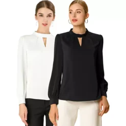 2 Packs Women's Keyhole Stand Collar Pleated Back Button Blouse Tops 15 2 Packs Women's Keyhole Stand Collar Pleated Back Button Blouse Tops -Fashion Clothing Store 7748505 White And Black