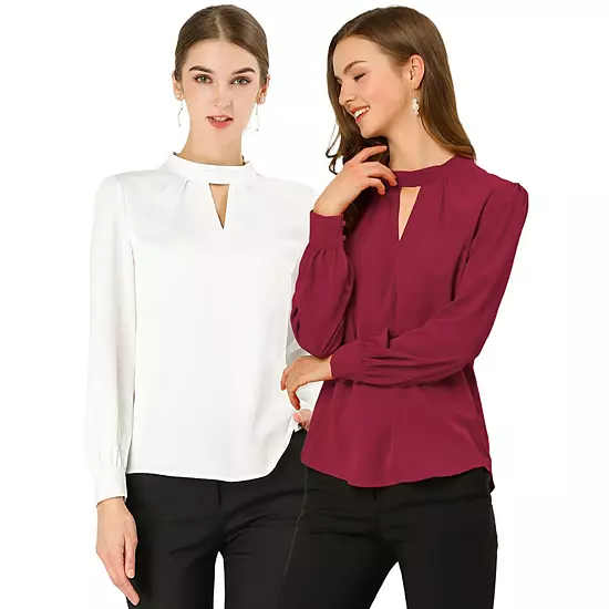 2 Packs Women's Keyhole Stand Collar Pleated Back Button Blouse Tops 8 2 Packs Women's Keyhole Stand Collar Pleated Back Button Blouse Tops - Image 8