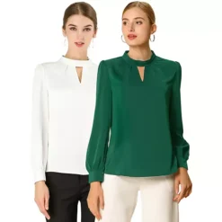 2 Packs Women's Keyhole Stand Collar Pleated Back Button Blouse Tops