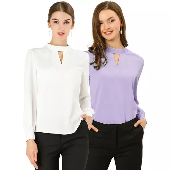 2 Packs Women's Keyhole Stand Collar Pleated Back Button Blouse Tops 9 2 Packs Women's Keyhole Stand Collar Pleated Back Button Blouse Tops - Image 9