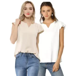 2 Packs Women's V Neck Work Casual Cap Sleeve Blouse Top -Fashion Clothing Store 7748560 White And Beige