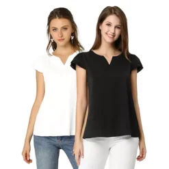 2 Packs Women's V Neck Work Casual Cap Sleeve Blouse Top -Fashion Clothing Store 7748560 White And Black