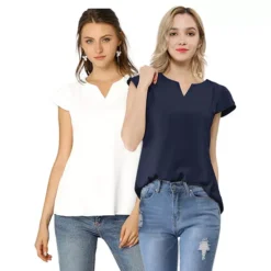 2 Packs Women's V Neck Work Casual Cap Sleeve Blouse Top -Fashion Clothing Store 7748560 White And Dark Blue