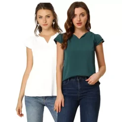 2 Packs Women's V Neck Work Casual Cap Sleeve Blouse Top -Fashion Clothing Store 7748560 White And Deep Green
