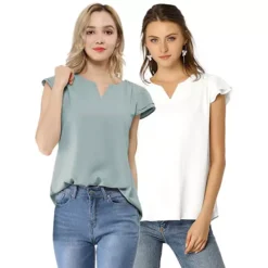 2 Packs Women's V Neck Work Casual Cap Sleeve Blouse Top -Fashion Clothing Store 7748560 White And Pale Blue 1