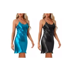 2Pcs Women's Satin Nightgown Racerback Adjustable Suspender Spaghetti Strap Camisole Pajama -Fashion Clothing Store 7755426 Black Lake Blue