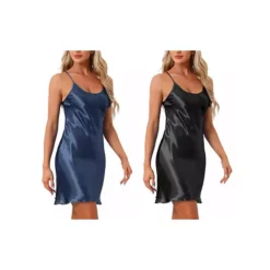 2Pcs Women's Satin Nightgown Racerback Adjustable Suspender Spaghetti Strap Camisole Pajama -Fashion Clothing Store 7755426 Black Navy Blue