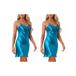 2Pcs Women's Satin Nightgown Racerback Adjustable Suspender Spaghetti Strap Camisole Pajama -Fashion Clothing Store 7755426 Lake Blue