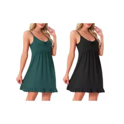 2Pcs Women's Nightdress Spaghetti Strap Scoop Neck Sleepdress Frill Sleepwear Loungewear -Fashion Clothing Store 7755443 Black Green