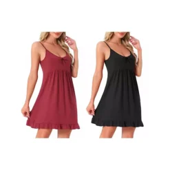 2Pcs Women's Nightdress Spaghetti Strap Scoop Neck Sleepdress Frill Sleepwear Loungewear -Fashion Clothing Store 7755443 Black Red